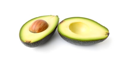 Halved Ripe Avocados on White Background with Green Flesh and Brown Seed