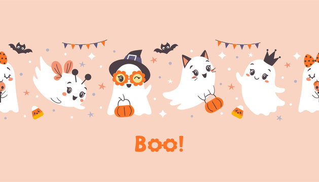 Seamless Halloween border of cute little girl ghosts on pink background in flat cartoon style.