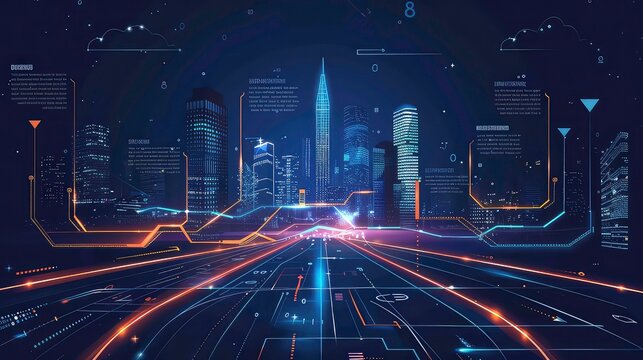 A futuristic night cityscape with glowing roads, skyscrapers, and digital data interfaces. - Powered by Adobe