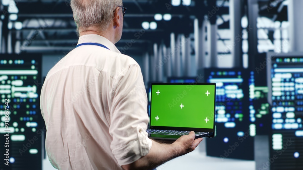 Poster efficient it professional navigating network of server rigs in industrial hub. expert using mockup l