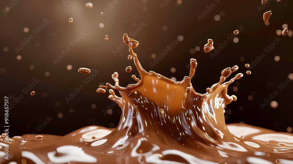 Wall mural a close-up shot of a brown liquid splashing and creating a crown-like shape. there are smaller drops