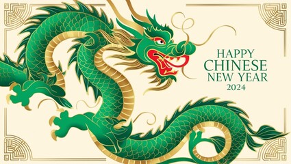Fototapeta premium Banner Happy Chinese New Year 2024. Dragon green symbol on cream white background