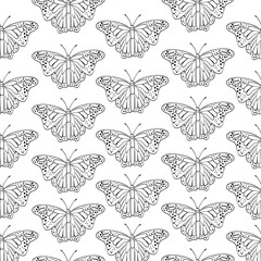 Vector seamless pattern with butterfly monarch. Vintage elegant clipart. Flying dream. Spring and tropical cartoon butterfly. Isolated. Black silhouette for circuit