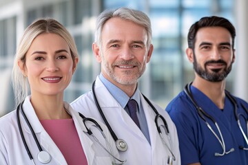 Fototapeta premium Diverse Group of Confident Doctors Smiling in Modern Hospital Setting
