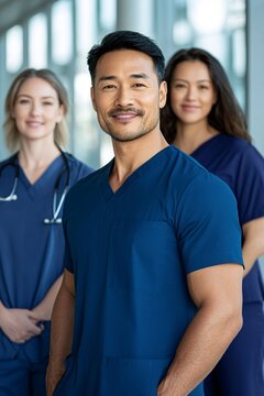 Confident Medical Team in Modern Hospital Setting Smiling at the Camera
