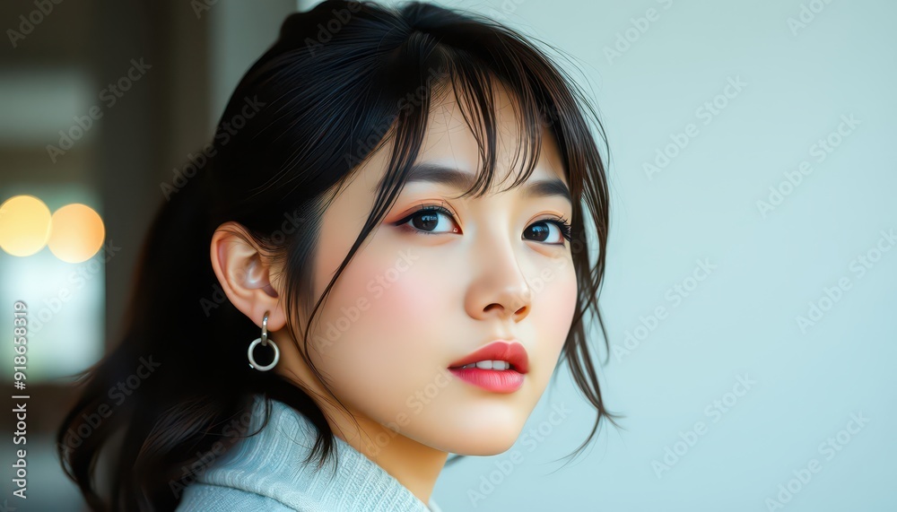 Poster close-up portrait of a young woman with long black hair.