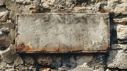 Stone sign plate from an ancient era, weathered and cut out, placed against a clear background