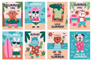 Hello summer and beach vacation postcards with cute kawaii animals characters enjoying rest © Mykola Syvak