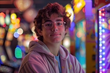 Obraz premium Young Man at an Arcade in a Neon Wonderland
