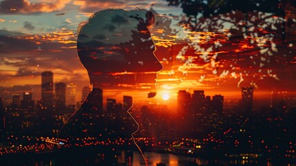 Fototapeta premium Silhouette of a Man Against a Sunset Cityscape