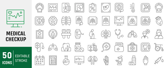 Medical checkup Icons set. Medical, patient, medicine, pharmacy, nurse, prescription, medical report and more. Vector illustration