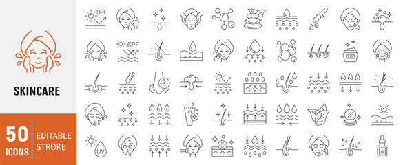 Skin care icons set. Containing icons: Moisture cream, acid, anti wrinkle serum, ceramide, collagen, retinol compound, sunscreen and more. Vector illustration