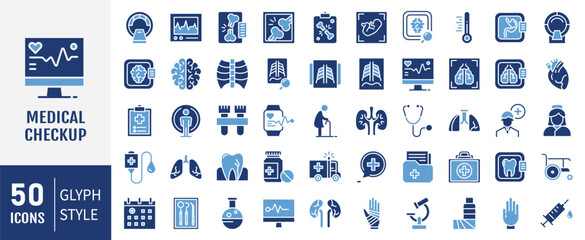 Medical checkup Icons set. Medical, patient, medicine, pharmacy, nurse, prescription, medical report and more. Solid icons vector collection