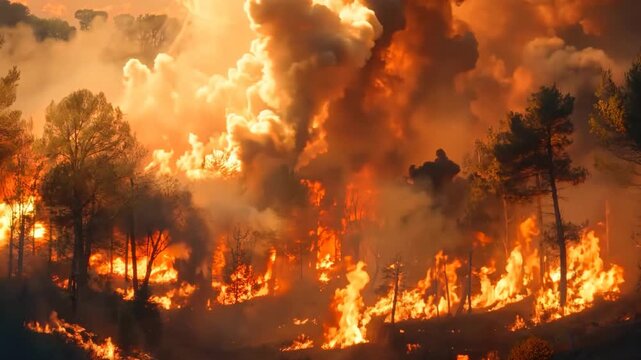 burning wildfire forest and town in the flame and smoke, scarry scenery, wildfire flame burning over town make severe damage area