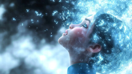 Dreamlike Transformation of a Boy Dissolving into the Stars