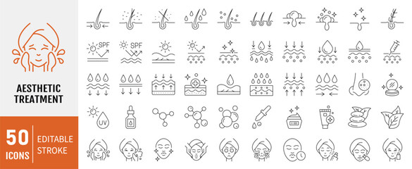Skin care icon set. Containing icons: Moisture cream, acid, anti wrinkle serum, ceramide, collagen, retinol compound, sunscreen and more. Vector illustration
