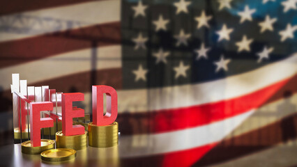 The fed and gold coins on America flag for Business concept 3d rendering.