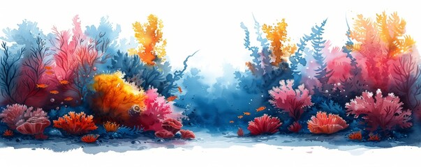 Abstract coral reef with marine life and corals in watercolor on white.