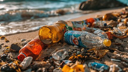 Beach litter cleanup efforts during sunset