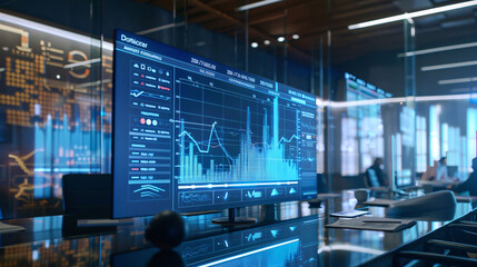 Fototapeta premium A modern office desk with a monitor displaying financial data and graphs, surrounded by a blurred background of glass walls and people in the background. Generative Ai
