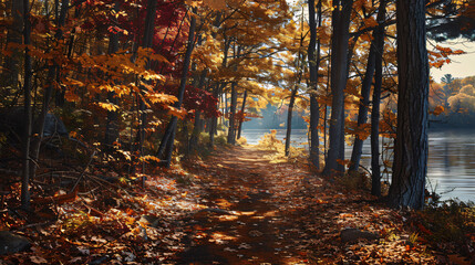 Fototapeta premium A path through the autumn forest leading to a lake. Generative Ai