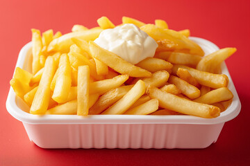 A container of golden French fries topped with mayonnaise against a vibrant red background