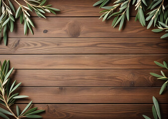 Rustic Wooden Table With Olive Branches Around And Blank Space In The Middle 