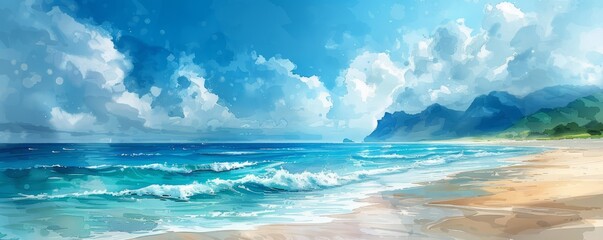 Abstract tropical beach with clear blue water in watercolor.