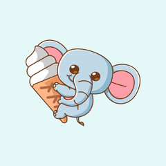Cute elephant hug ice cream hanging kawaii chibi character mascot illustration outline style
