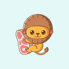 Cute lion hug meat hanging kawaii chibi character mascot illustration outline style