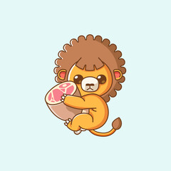 Cute lion hug meat hanging kawaii chibi character mascot illustration outline style