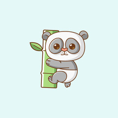 Cute panda hug bamboo hanging kawaii chibi character mascot illustration outline style