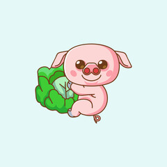 Cute pig hug cabbage hanging kawaii chibi character mascot illustration outline style