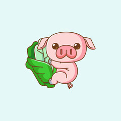 Cute pig hug cabbage hanging kawaii chibi character mascot illustration outline style
