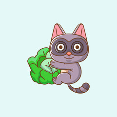 Cute raccoon hug cabbage hanging kawaii chibi character mascot illustration outline style