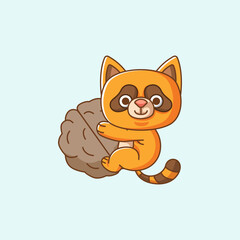Cute raccoon hug nut hanging kawaii chibi character mascot illustration outline style