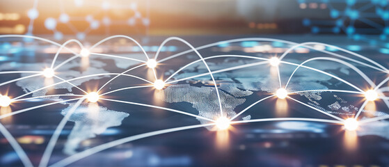 The artwork depicts a global network, showcasing bright nodes connected by lines over a digital world map against a warm, glowing background
