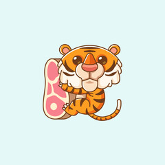 Cute tiger hug meat hanging kawaii chibi character mascot illustration outline style