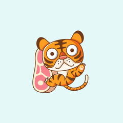 Cute tiger hug meat hanging kawaii chibi character mascot illustration outline style