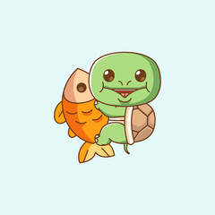 Cute turtle hug fish hanging kawaii chibi character mascot illustration outline style