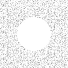 Background completely filled with large leaves Frame with a circle inside Black and white illustration with doodle style mockup or template for use in printing Printing for wedding invitations