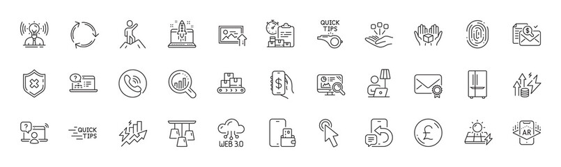Tutorials, Web3 and Recycling line icons. Pack of Seo analytics, Wholesale goods, Upload photo icon. Augmented reality, Accounting report, Fingerprint pictogram. Leadership, Pound money. Vector
