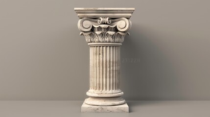 A single, white, stone, classical, greek column with intricate detailing, standing isolated against a grey background.