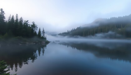 Fototapeta premium Foggy lake with reflection of pine trees.