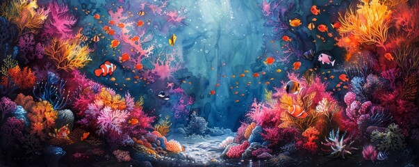 A colorful underwater scene with fish swimming in the water