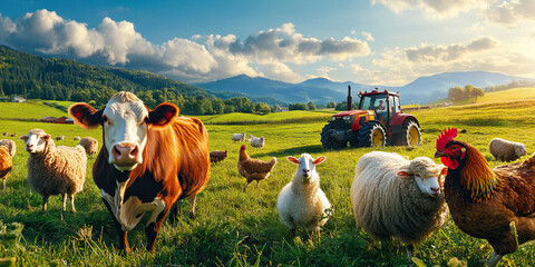 Harvest Time Farm Animals: A group of cows, chickens, and sheep grazing in a lush field, as a...