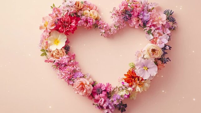  Colorful pink heart shape frame made of various flowers. Video footage for copy space. Valentine, Mother's Day.