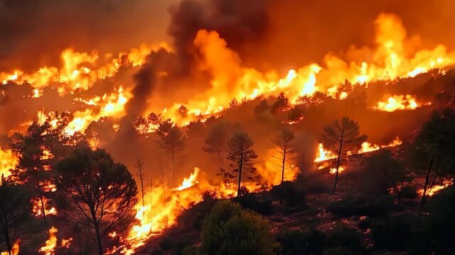 burning wildfire forest and town in the flame and smoke, scarry scenery, wildfire flame burning over town make severe damage area