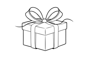 Elegant Gift Box with Ribbon Line Drawing on White Background - Line Art Vector Illustration