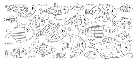 Hand drawn cute fish sea ocean or river animal with different prints doodle set isolated on white